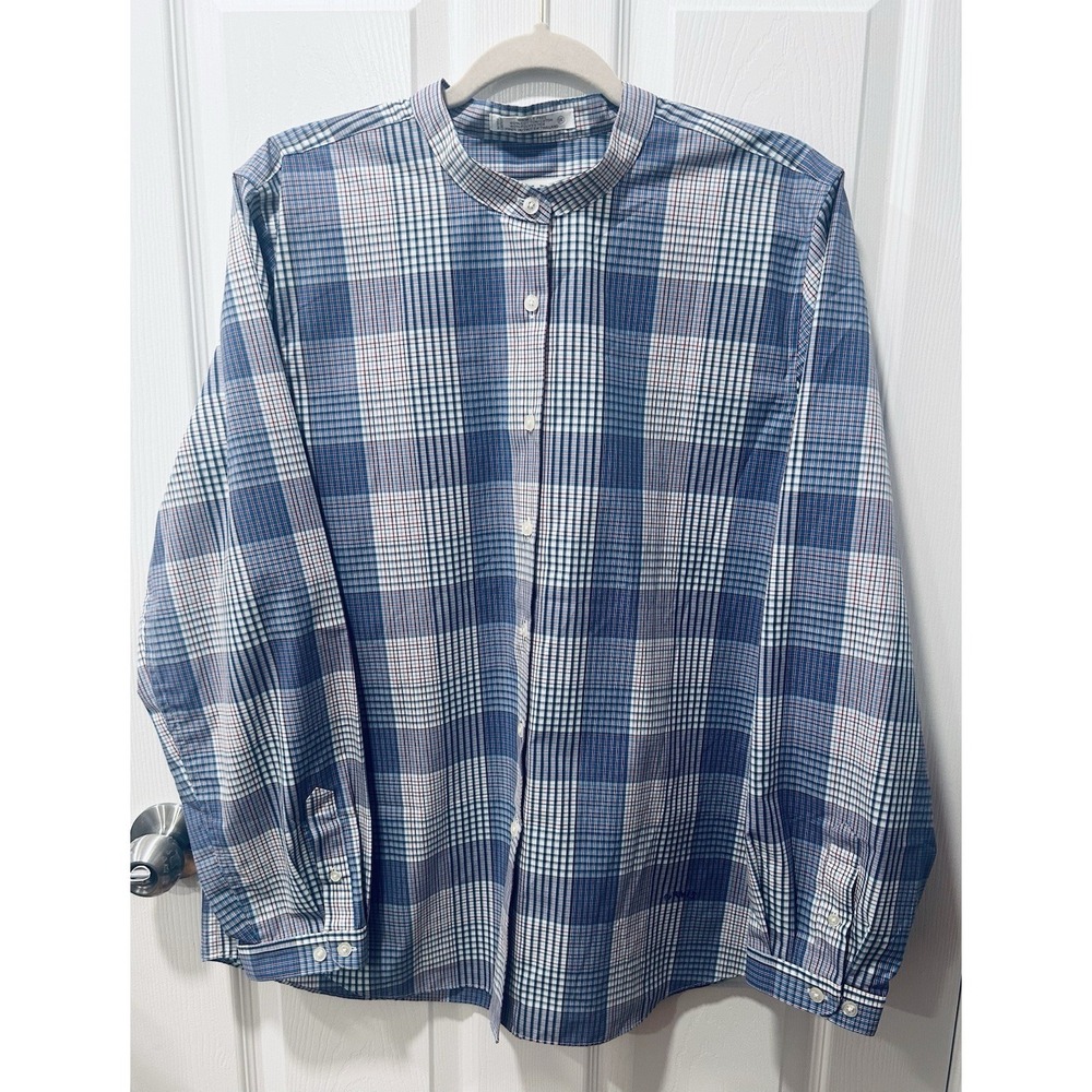 Orvis Wrinkle Free Mandarin Collar Madras Plaid Womens 18 Button Down Shirt Blue